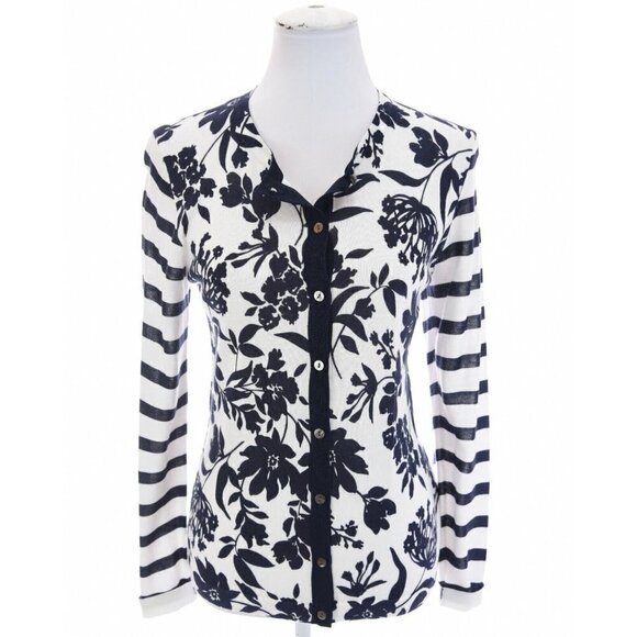 Foxcroft Sz S Navy Blue White Floral Print Knit Cardigan Sweater Nautical Womens - Picture 1 of 11